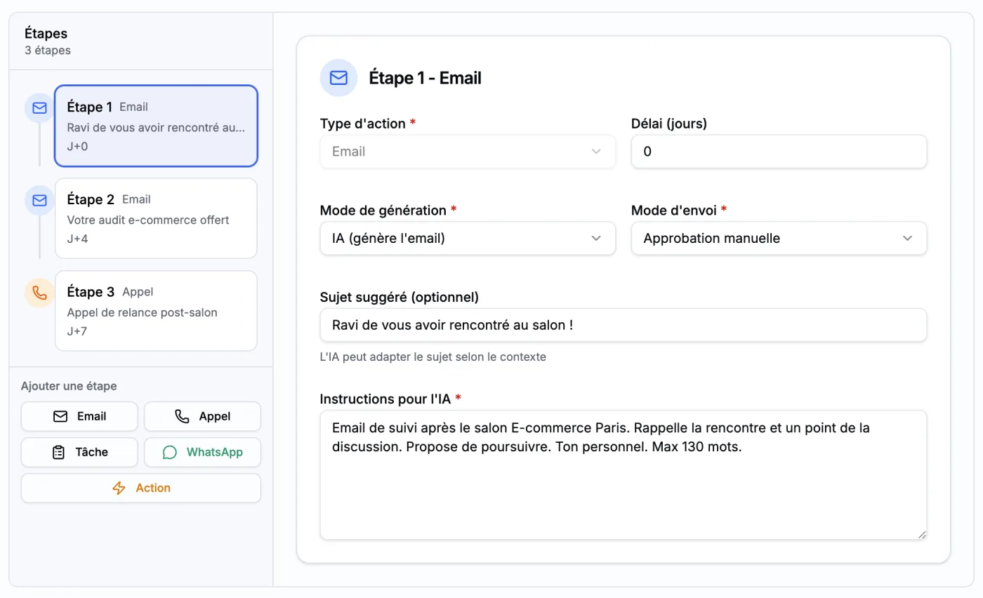 Éditeur de séquences d'Affluo : étapes email, appel et WhatsApp générées par l'IA, avec approbation manuelle